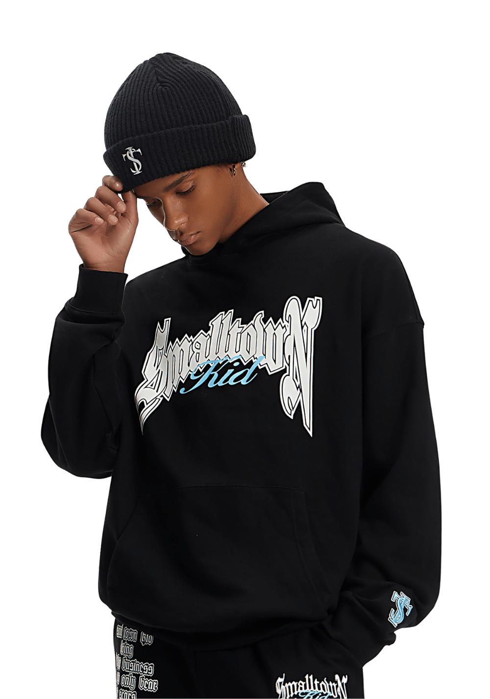 Small town kid logo curved print hoodie black small town kid
